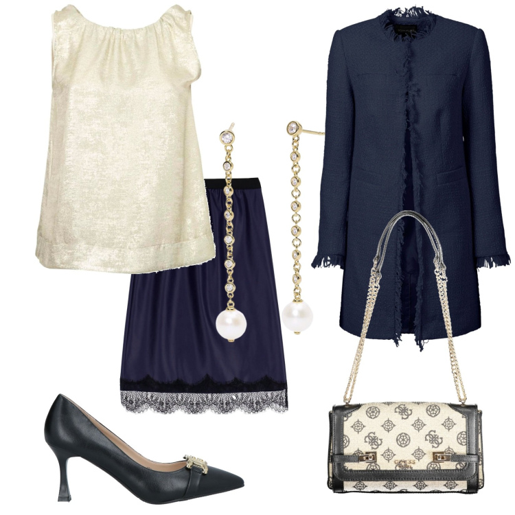 Outfit donna - Ricevimento. Stile Boho per Cerimonia. Abbinamento con blazer, décolleté, orecchini, gonne, top, borse a spalla.