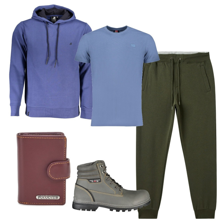 Outfit uomo - Indaco. Stile Urban per Tutti i giorni. Abbinamento con pantaloni, portafogli, stivali, t-shirt, felpe con cappuccio.