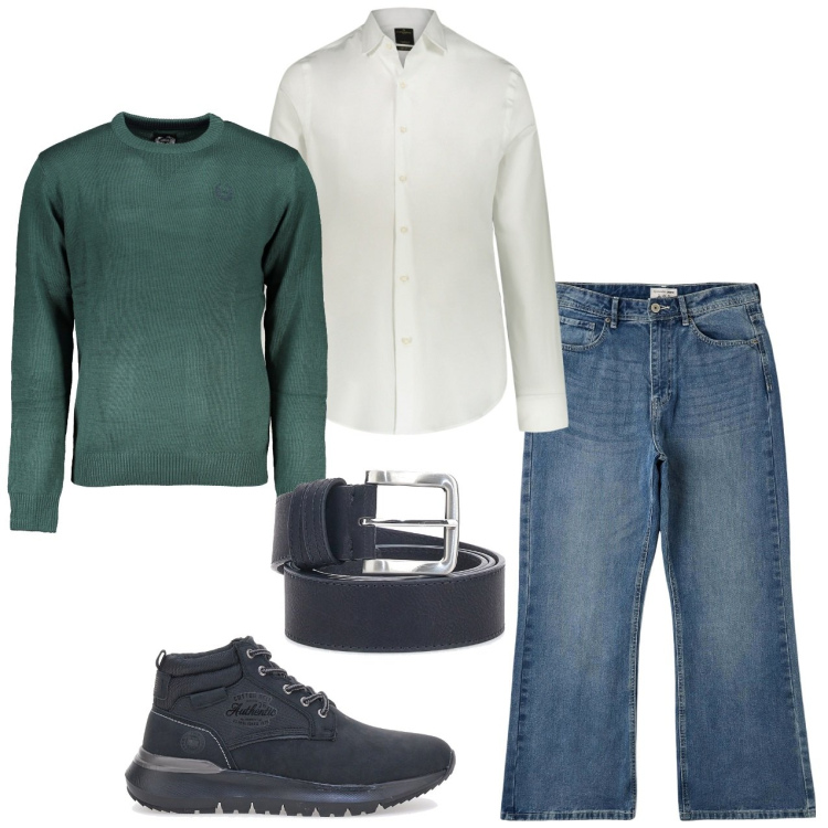 Outfit uomo - Ogni tanto una camicia. Stile Casual per Tutti i giorni. Abbinamento con jeans bootcut, sneakers alte, camicie, maglieria, cinture.