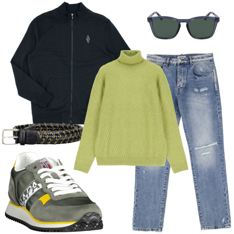 Outfit uomo - Green heart. Stile Trendy per Ufficio. Abbinamento con jeans dritti, maglieria, felpe, sneakers, cinture, occhiali da sole.