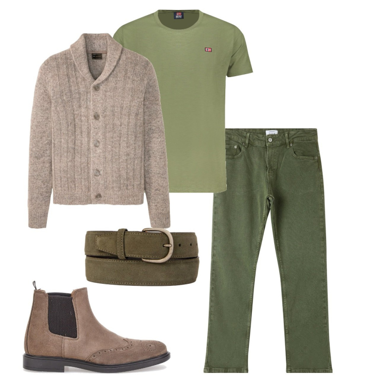 Outfit uomo - Verde e melange. Stile Casual per Tutti i giorni. Abbinamento con cardigans, pantaloni, cinture, stivali e stivaletti, t-shirt.