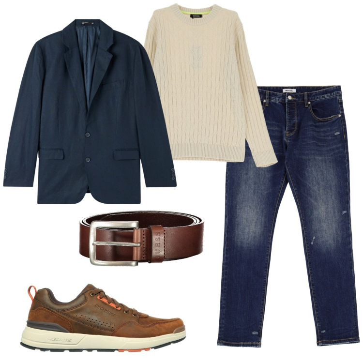 Outfit uomo - Inserti cuoio. Stile Casual per Tutti i giorni. Abbinamento con giacche, maglieria, jeans slim fit, scarpe stringate, cinture.