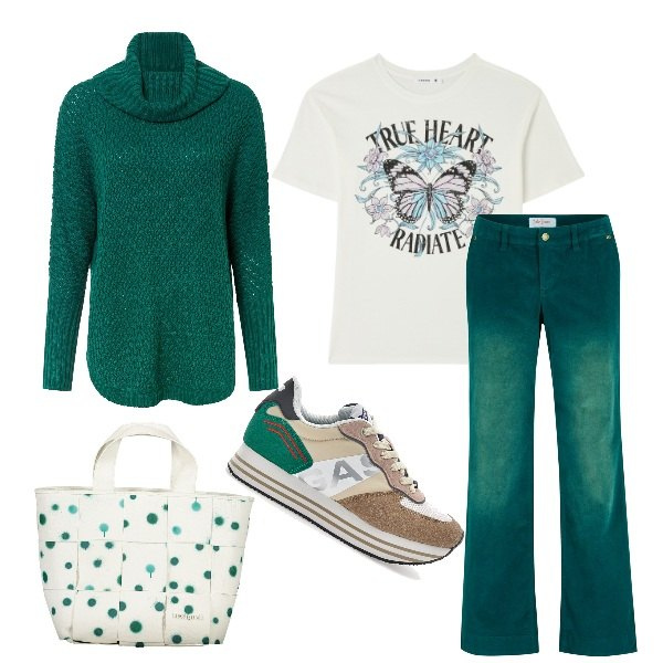 Outfit donna - Di verde a tutto shopping. Stile Urban per Tutti i giorni. Abbinamento con pantaloni, maglieria, t-shirt, sneakers, borse a spalla.