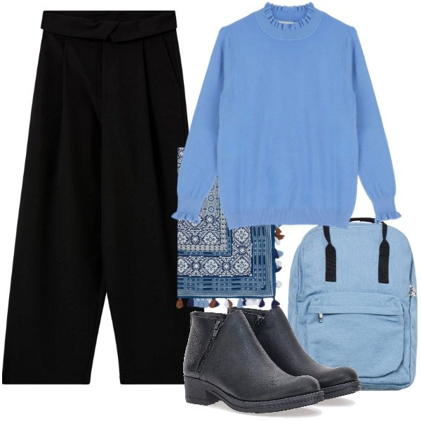 Outfit donna - A scuola. Stile Minimal per Scuola/Università. Abbinamento con pantaloni, zaini, maglieria, stivaletti, foulard.