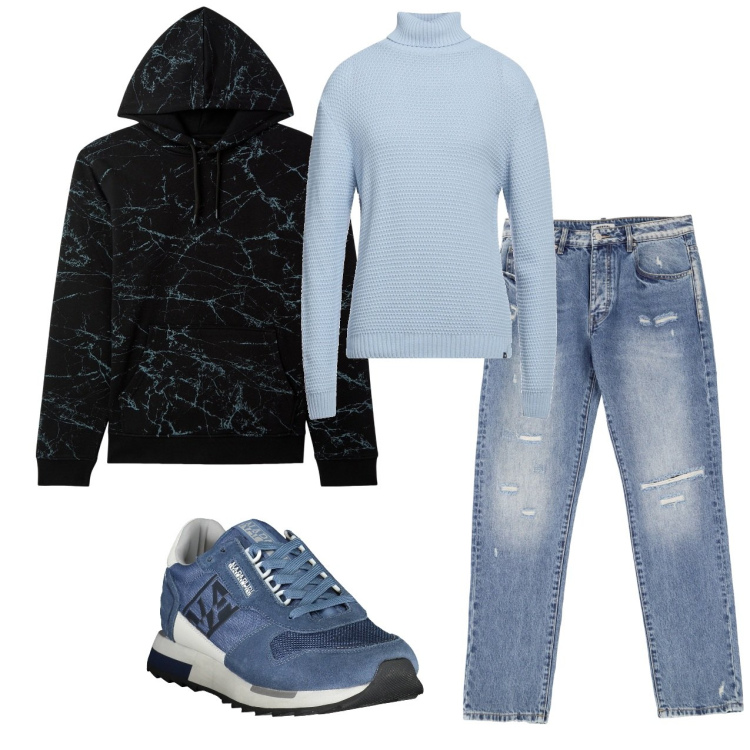 Outfit uomo - Tutto blu. Stile Casual per Tutti i giorni. Abbinamento con maglieria, felpe con cappuccio, jeans dritti, sneakers.