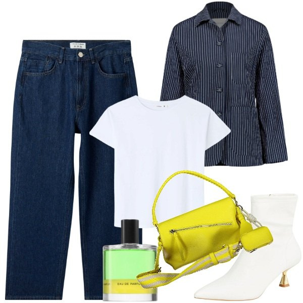 Outfit donna - In città. Stile Casual chic per Ufficio. Abbinamento con profumi, t-shirt, stivaletti, jeans dritti, borse a spalla, blazer.