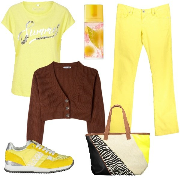 Outfit donna - Yellow in citta\'. Stile Trendy per Tutti i giorni. Abbinamento con maglieria, profumi, cardigans, sneakers, pantaloni, borse a spalla.