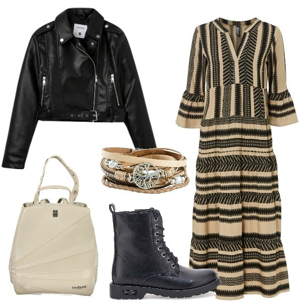 Outfit donna - Il chiodo con vestito lungo. Stile Urban per Serata fuori. Abbinamento con braccialetti, vestiti lunghi, giacche, anfibi, zaini.