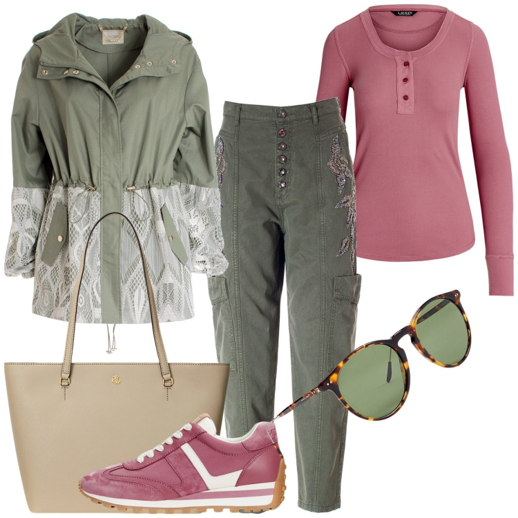 Outfit donna - Total look #1972194. Stile Casual per Tutti i giorni. Abbinamento con pantaloni, parka, borse tote, occhiali da sole, sneakers, t-shirt.