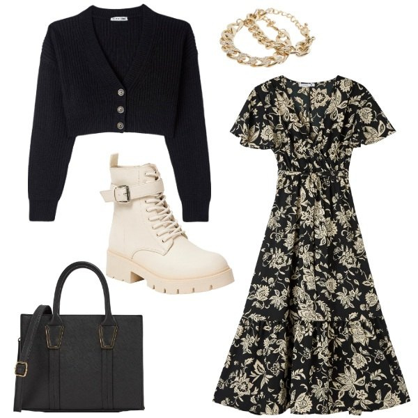 Outfit donna - Terranova in city. Stile Urban per Tutti i giorni. Abbinamento con vestiti lunghi, cardigans, shopping bag, anfibi, braccialetti.
