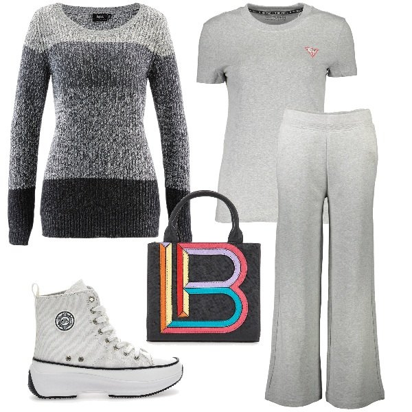 Outfit donna - Al mercato con amiche. Stile Urban per Tutti i giorni. Abbinamento con maglieria, sneakers, pantaloni, t-shirt, borse a mano.
