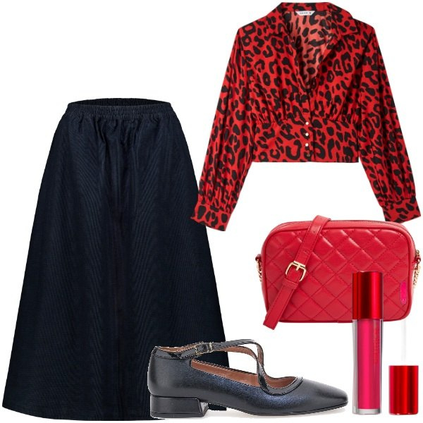 Outfit donna - Blusa animalier. Stile Basic per Ufficio. Abbinamento con rossetti, bluse, borse a tracolla, ballerine, gonne.