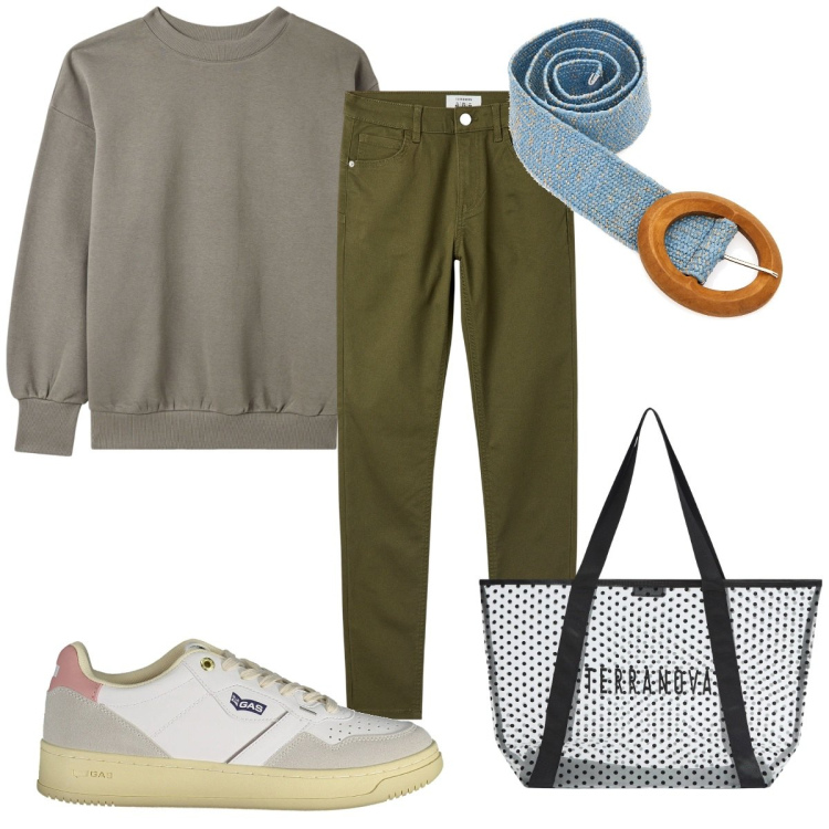 Outfit donna - Total look #1972239. Stile Trendy per Tutti i giorni. Abbinamento con pantaloni skinny, felpe, shopping bag, sneakers, cinture.