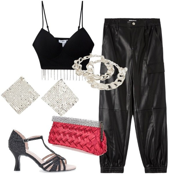Outfit donna - Serata ballerina. Stile Glamour per Serata fuori. Abbinamento con pantaloni cargo, orecchini, braccialetti, top, décolleté, pochette.