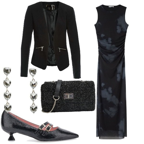 Outfit donna - Cena di lavoro. Stile Bon Ton per Serata fuori. Abbinamento con blazer, orecchini, borse a tracolla, vestiti lunghi, décolleté.