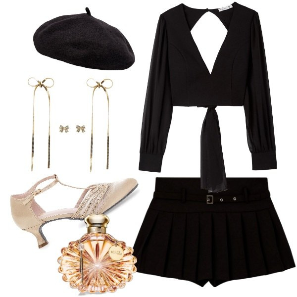Outfit donna - Charlestone. Stile Glamour per Serata fuori. Abbinamento con profumi, bluse, orecchini, gonne, décolleté, cappelli e berretti.