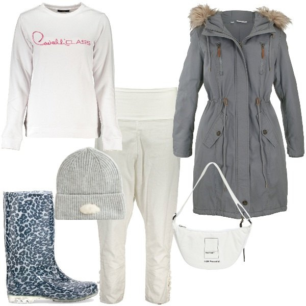 Outfit donna - Giornata di pioggia. Stile Casual per Tutti i giorni. Abbinamento con parka, marsupi, berretti, pantaloni, stivali, felpe.