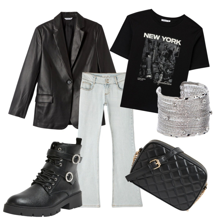 Outfit donna - Leather mania. Stile Rock per Tutti i giorni. Abbinamento con t-shirt, anfibi, borse a tracolla, jeans a zampa, blazer, braccialetti.