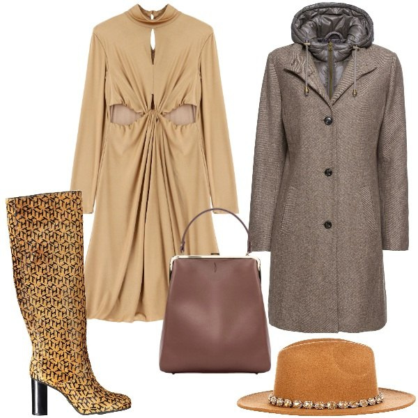 Outfit donna - Ottobre chic. Stile Chic per Serata fuori. Abbinamento con cappotti, cappelli, vestiti, borse a spalla, stivali.