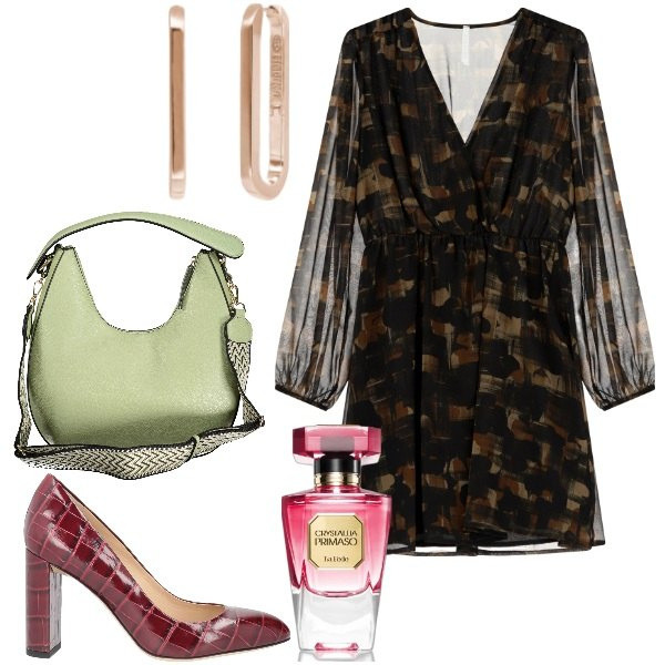 Outfit donna - La stampa cocco. Stile Trendy per Ufficio. Abbinamento con décolleté, profumi, orecchini, vestiti corti, borse a spalla.