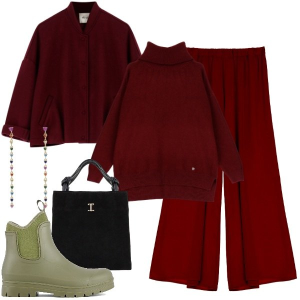 Outfit donna - Giornata piovosa. Stile Urban per Tutti i giorni. Abbinamento con orecchini, maglieria, shopping bag, bomber, pantaloni, stivali.