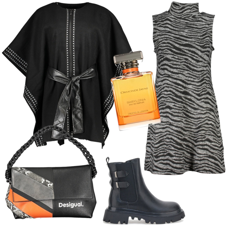 Outfit donna - Occasioni Desigual. Stile Rock per Tutti i giorni. Abbinamento con profumi, stivaletti chelsea, vestiti corti, cappotti, borse a spalla.