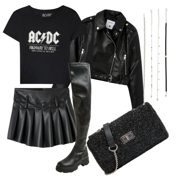 Outfit donna - Total black - rock chic. Stile Rock per Serata fuori. Abbinamento con t-shirt, minigonne, giacche, borse a tracolla, stivali, collane.