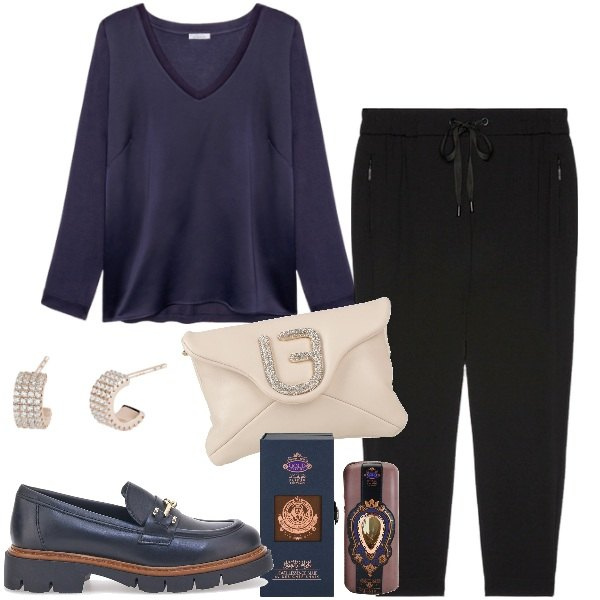 Outfit donna - Il blue scuro. Stile Minimal per Ufficio. Abbinamento con borse a mano, profumi, orecchini, bluse, mocassini, pantaloni.