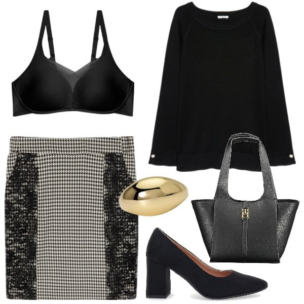 Outfit donna - Oltre la media. Stile Bon Ton per Ufficio. Abbinamento con anelli, décolleté, gonne, maglieria, borse a spalla, reggiseni.
