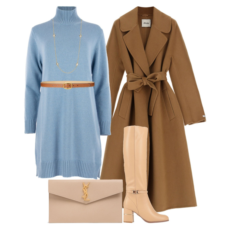 Outfit donna - Raffinata con il vestito in maglia. Stile Chic per Serata fuori. Abbinamento con stivali, collane, cappotti, cinture, pochette, vestiti.