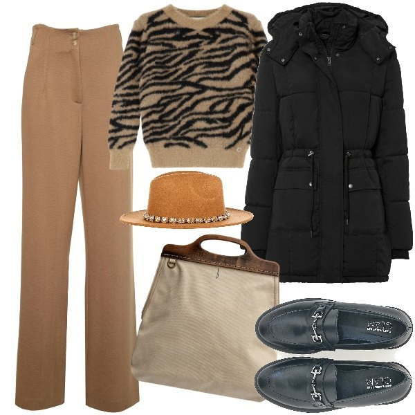Outfit donna - Il parka. Stile Trendy per Ufficio. Abbinamento con piumini, cappelli, maglieria, borse a tracolla, mocassini, jeans a zampa.