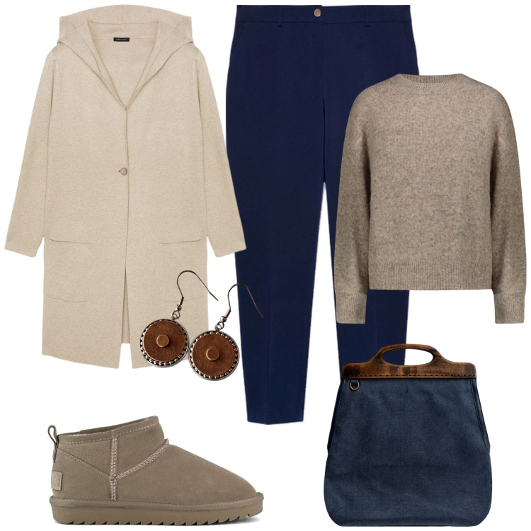 Outfit donna - Mix & match curvy style. Stile Casual per Tutti i giorni. Abbinamento con maglieria, stivali, cardigans, pantaloni, borse a tracolla, orecchini.