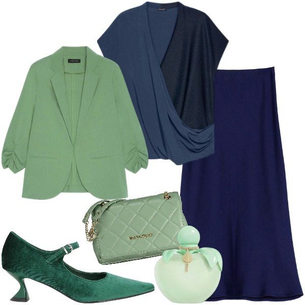 Outfit donna - matrimonio in ottobre. Stile Bon Ton per Cerimonia. Abbinamento con décolleté, profumi, gonne lunghe, borse a spalla, blazer, bluse.