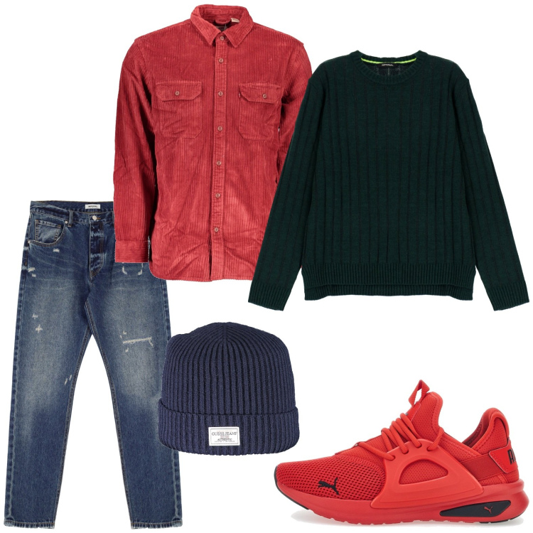 Outfit uomo - Color terra di siena. Stile Trendy per Tutti i giorni. Abbinamento con maglieria, jeans dritti, sneakers, camicie, berretti.