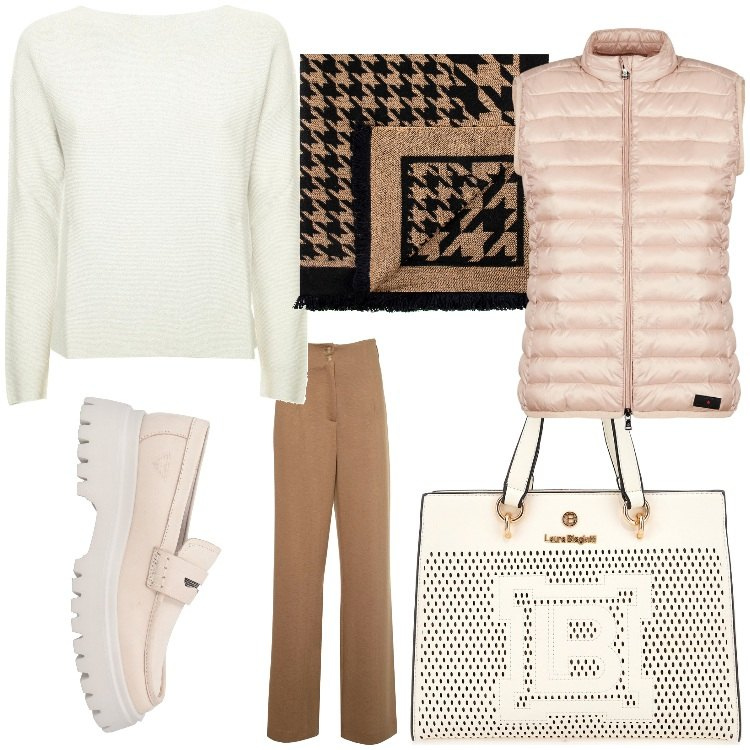 Outfit donna - Colori tenui. Stile Basic per Tutti i giorni. Abbinamento con mocassini, sciarpe, piumini, jeans a zampa, maglieria, borse a mano.