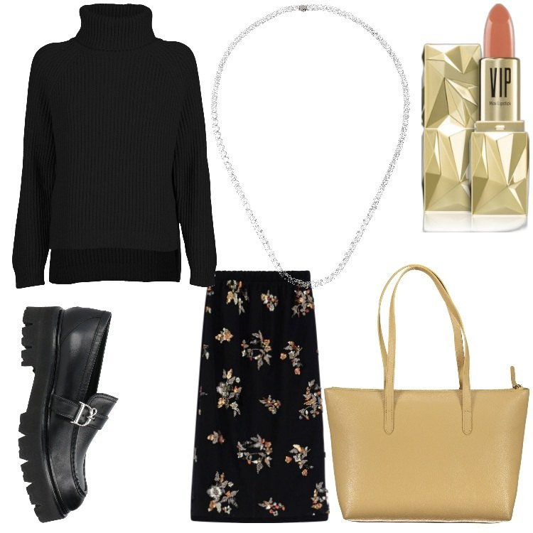 Outfit donna - Pullover e fiori. Stile Casual chic per Ufficio. Abbinamento con mocassini, rossetti, gonne, borse a spalla, collane, maglieria.