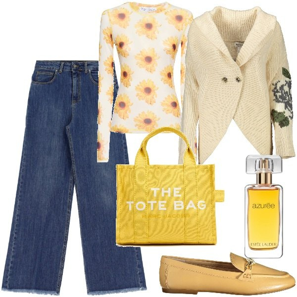 Outfit donna - gira soli. Stile Casual chic per Tutti i giorni. Abbinamento con profumi, jeans, cardigans, mocassini, borse tote, top.
