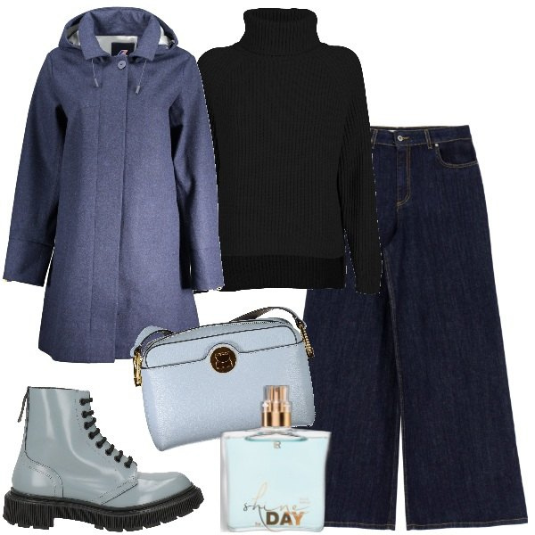 Outfit donna - Giornata di pioggia. Stile Urban per Tutti i giorni. Abbinamento con anfibi, profumi, jeans, cappotti, borse a tracolla, maglieria.