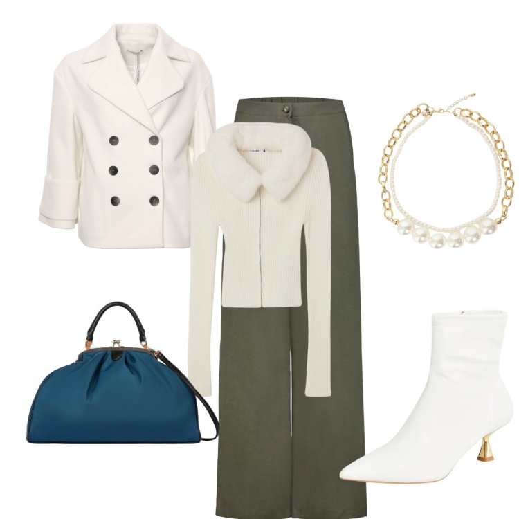 Outfit donna - Autunno in saldo. Stile Casual chic per Cerimonia. Abbinamento con cardigans, stivaletti, cappotti, collane, pantaloni, borse a spalla.