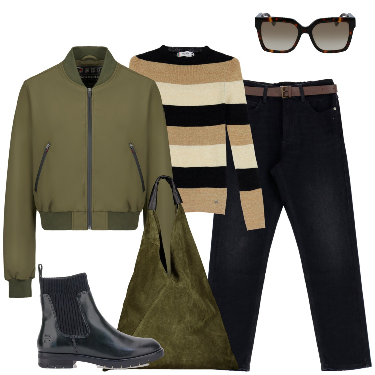 Outfit donna - City. Stile Urban per Tutti i giorni. Abbinamento con jeans dritti, pullovers, bomber, stivaletti, borse a spalla, occhiali da sole.