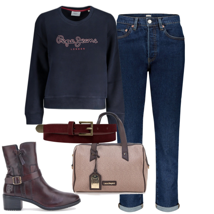 Outfit donna - City. Stile Basic per Tutti i giorni. Abbinamento con cinture, felpe, stivaletti, jeans, borse a mano.