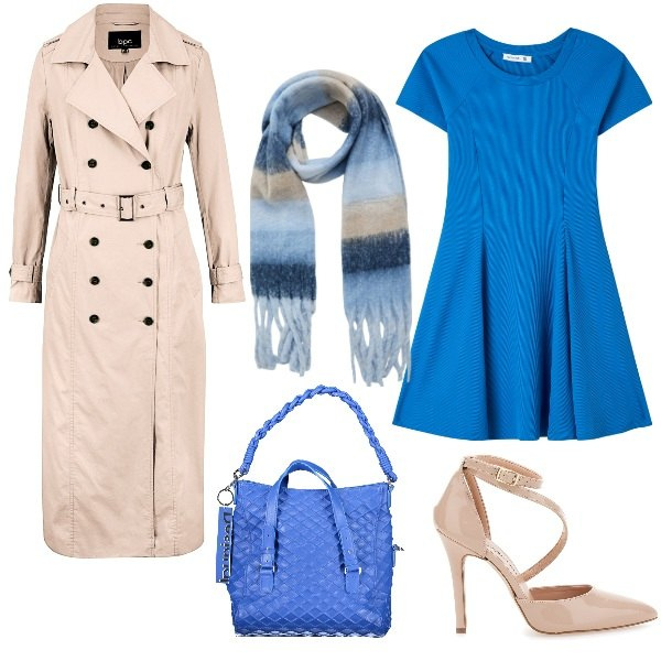 Outfit donna - Riunione in ufficio. Stile Chic per Ufficio. Abbinamento con trench, sciarpe, vestiti corti, borse a spalla, décolleté.