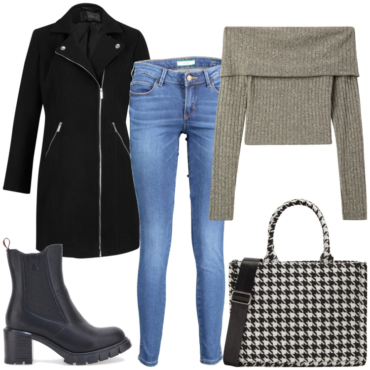 Outfit donna - Total look #1972449. Stile Rock per Tutti i giorni. Abbinamento con cappotti, shopping bag, maglieria, stivaletti, jeans.