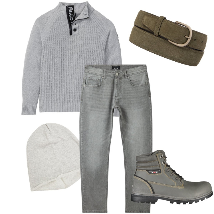 Outfit uomo - Non solo grigio. Stile Casual per Tutti i giorni. Abbinamento con maglieria, jeans, berretti, cinture, stivali.