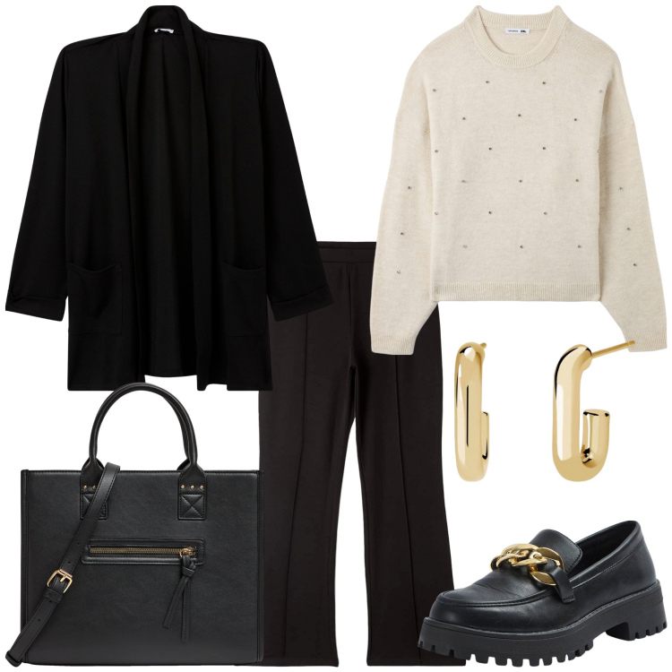 Outfit donna - Il completo Terranova. Stile Mannish per Tutti i giorni. Abbinamento con blazer, shopping bag, maglieria, mocassini, pantaloni, orecchini.