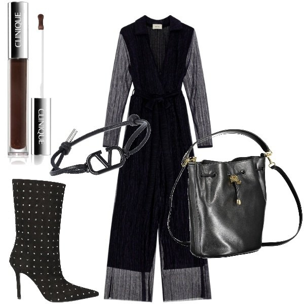 Outfit donna - Jumpsuit e stiletto. Stile Glamour per Serata fuori. Abbinamento con stivaletti, gloss, tute, borse a mano, braccialetti.