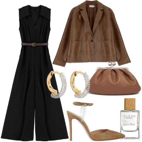 Outfit donna - Nero e tabacco. Stile Glamour per Serata fuori. Abbinamento con décolleté, profumi, blazer, tute, orecchini, pochette.