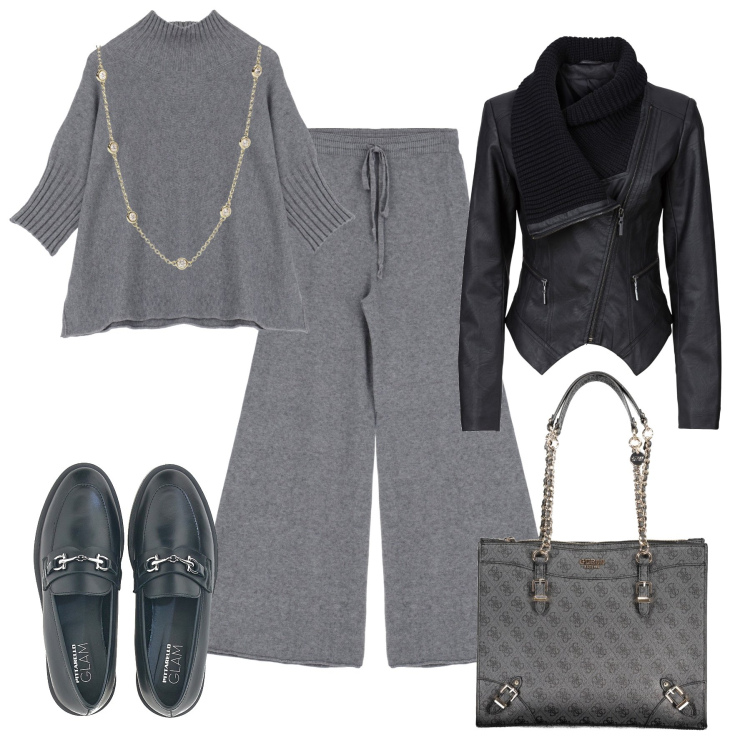 Outfit donna - Completo in maglia e mocassini. Stile Urban per Tutti i giorni. Abbinamento con blazer, collane, pantaloni, maglieria, mocassini, borse a spalla.