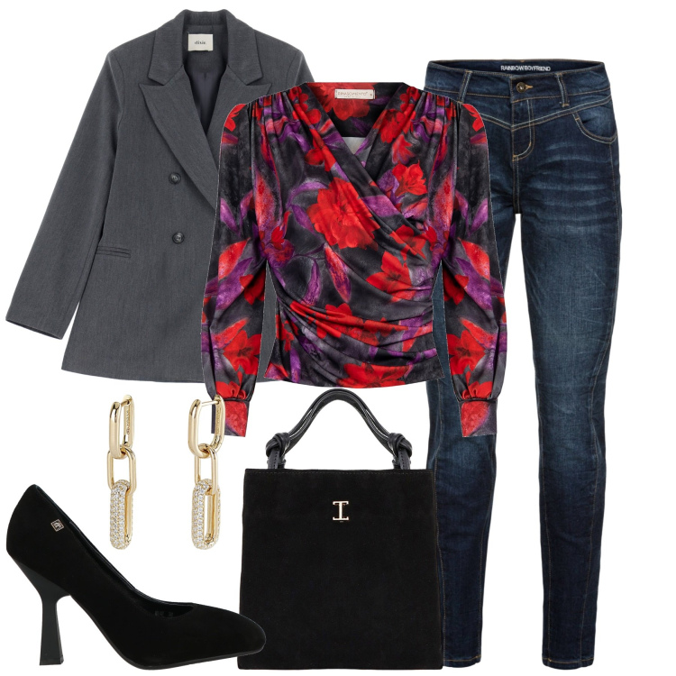 Outfit donna - La blusa colorata. Stile Trendy per Tutti i giorni. Abbinamento con jeans boyfriend, décolleté, orecchini, bluse, shopping bag, blazer.