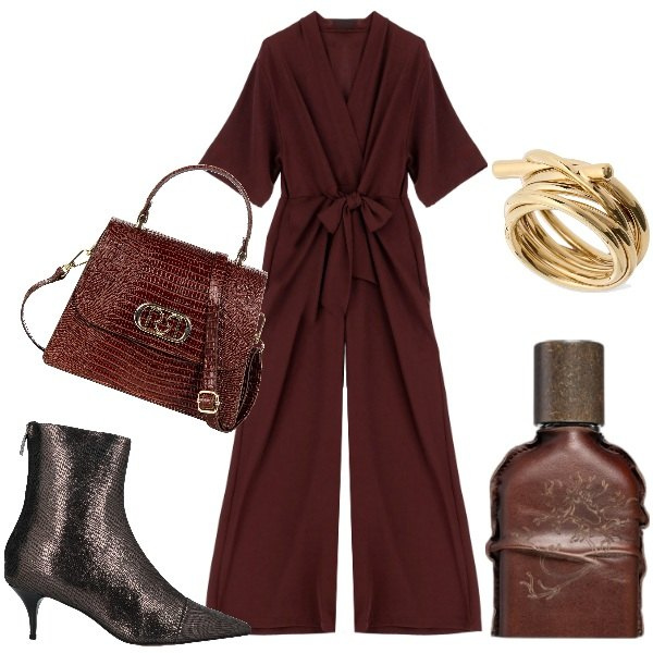 Outfit donna - Cioccolato must have. Stile Trendy per Serata fuori. Abbinamento con stivaletti, profumi, borse a mano, tute, anelli.